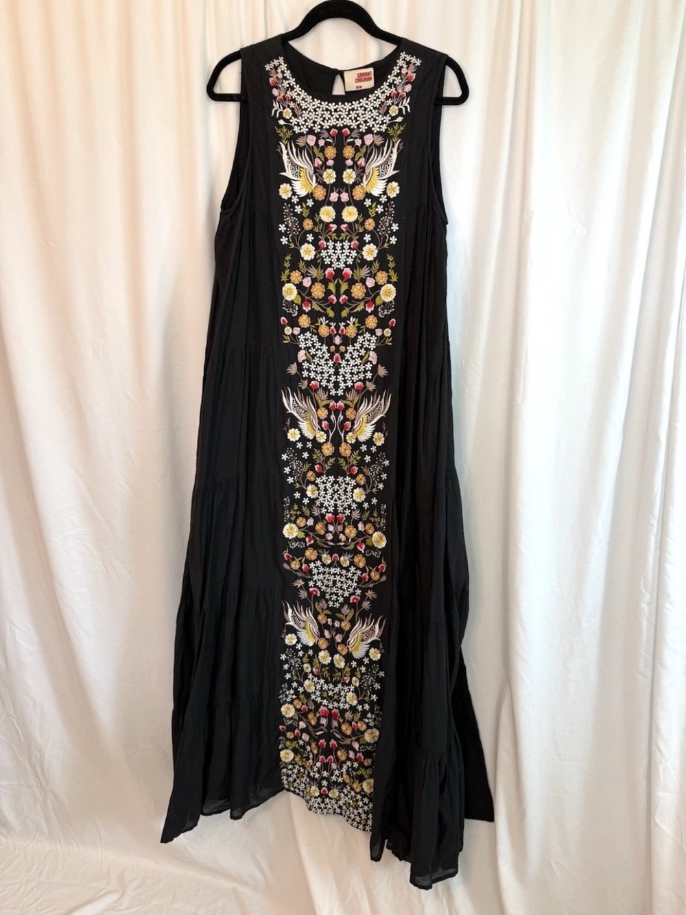 Anthropologie Embroidered Black Maxi Dress with Floral Panel
